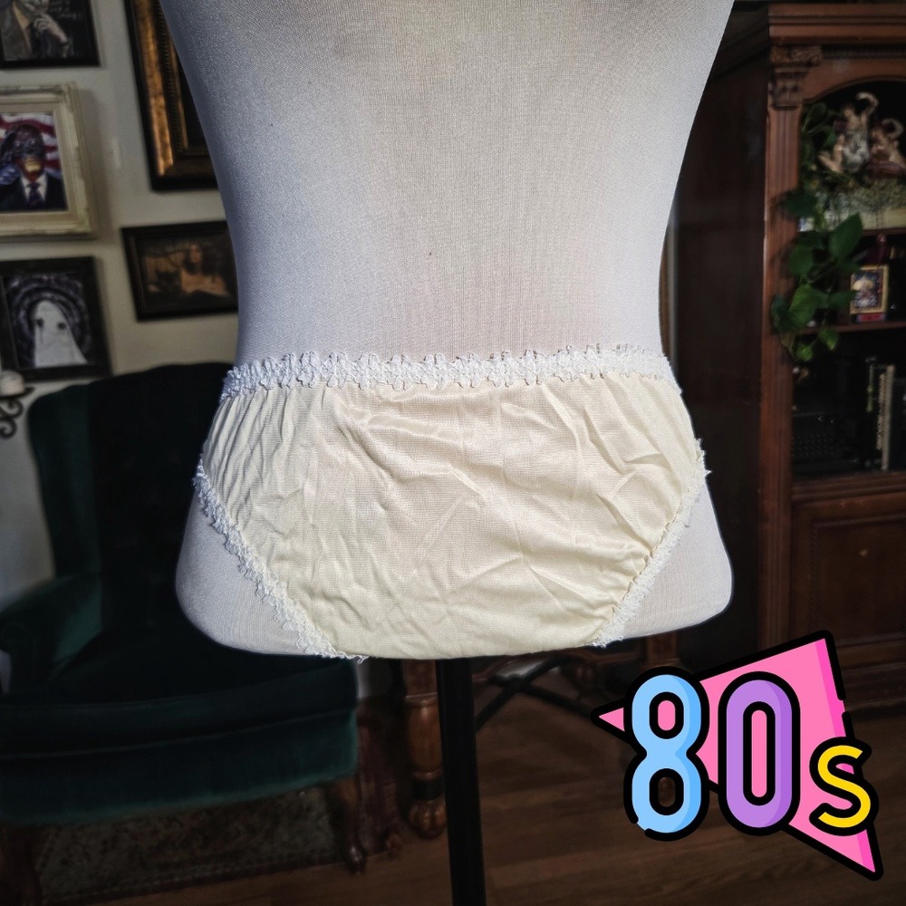 Vintage 80s Ivory Lace Trim Brief Panties High Waisted Full Brief Lingerie